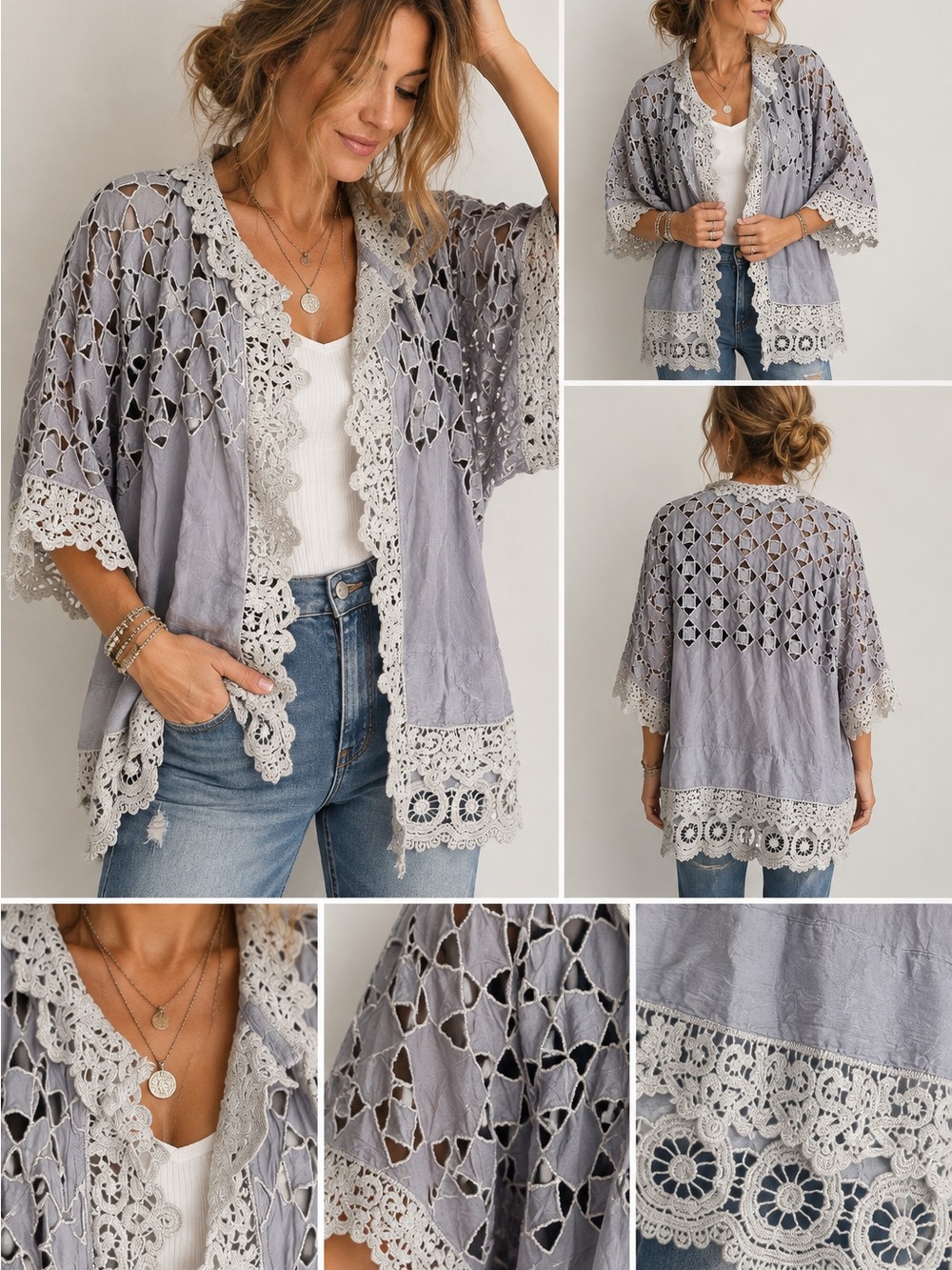 Johnny Was Cutwork Lace Kimono Cardigan Boho Open Front Artsy Size L Coastal